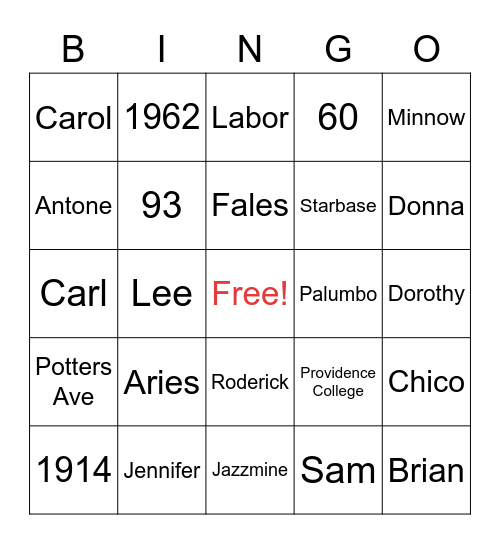 Family Bingo Card