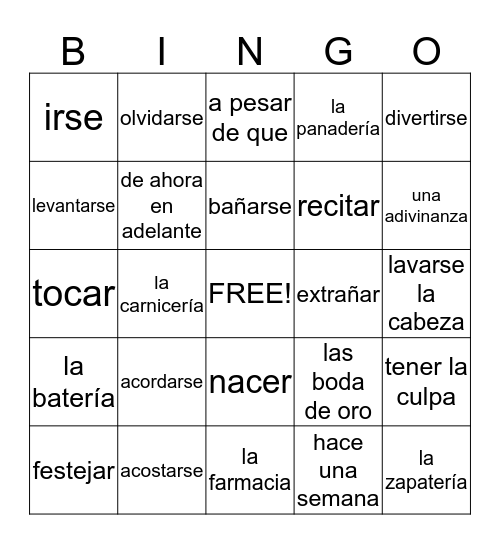 Spanish Chapter 9 Bingo Card