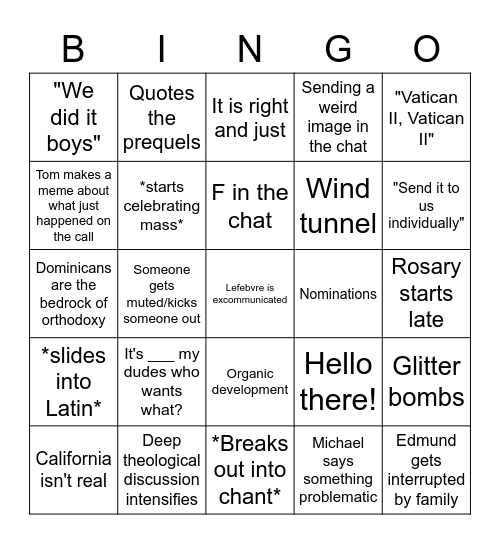Bingo with Jenna and the Celibates Bingo Card