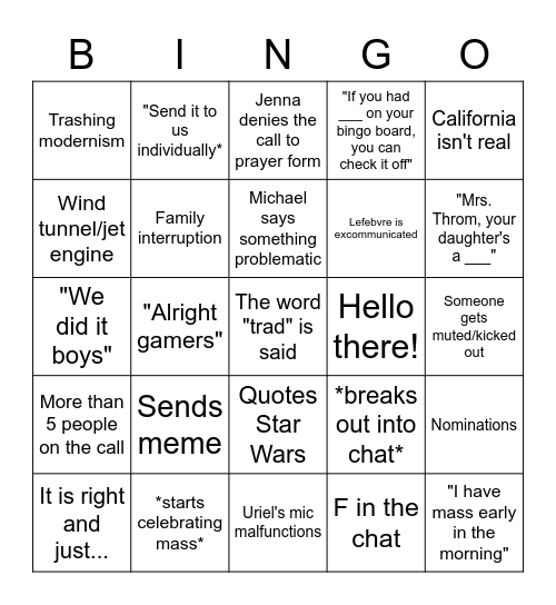 Bingo with Jenna and the Celibates Bingo Card