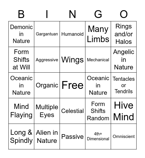 Nonhuman Bingo Card
