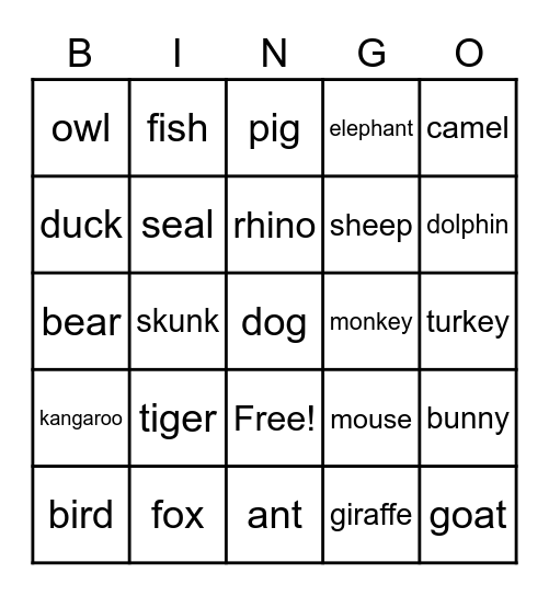 ANIMAL BINGO Card