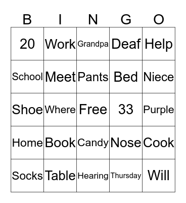 American Sign Language Bingo Card