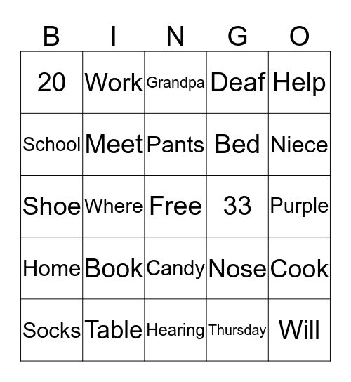 American Sign Language Bingo Card