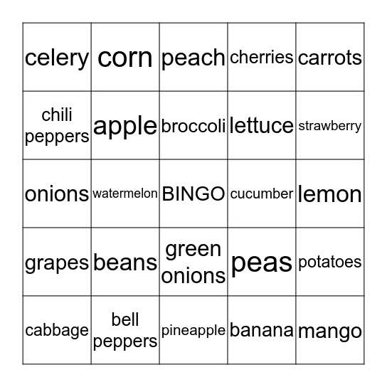 Vegetables and Fruit Bingo Card