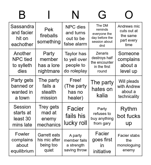 Pete's Bad Guys Bingo Card