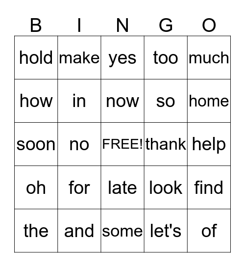 High Frequency Bingo Card