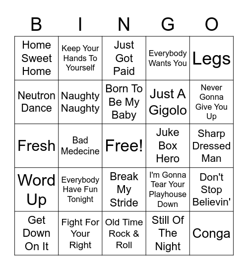 80s Hits Bingo Card