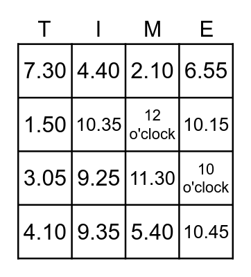 Telling Time Bingo Card