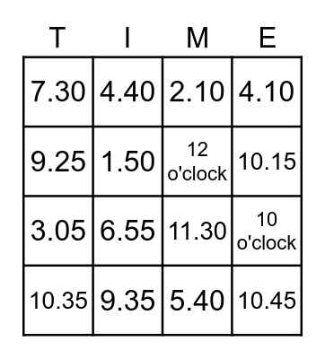 Telling Time Bingo Card