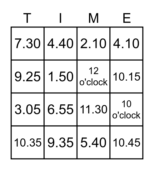 Telling Time Bingo Card