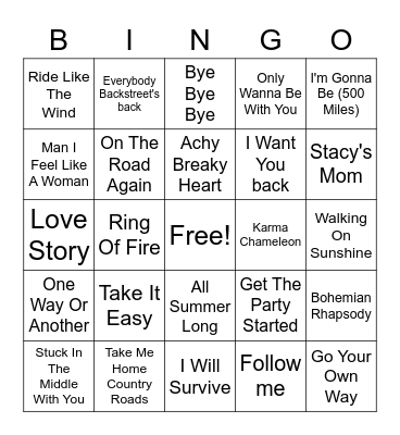 Road Trip Sing Along Bingo Card