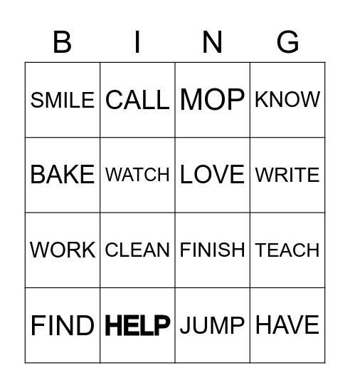 VERBS Bingo Card