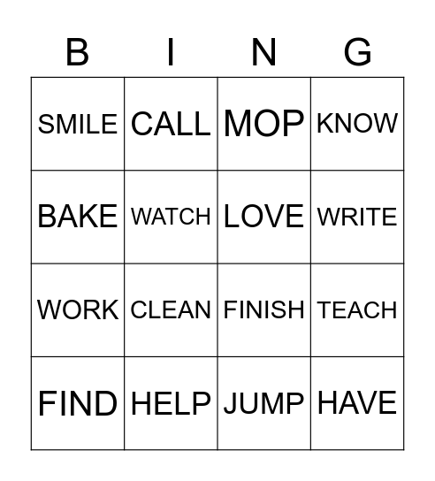 VERBS Bingo Card