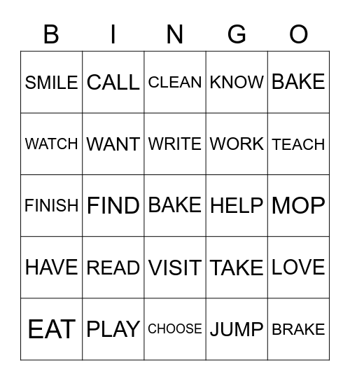 VERBS Bingo Card