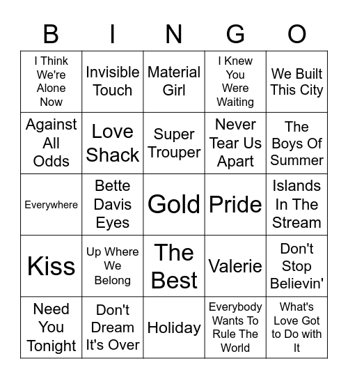 Hits Of The 80'S Bingo Card
