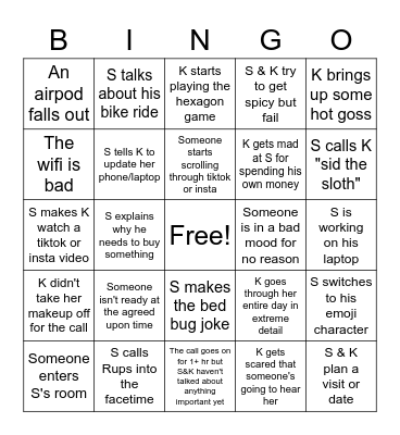 S and K Facetime Bingo Card