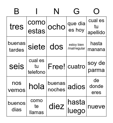 Spanish Words Bingo Card