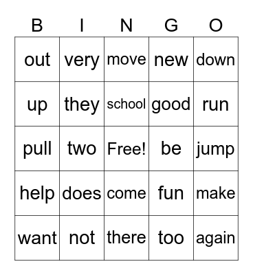 Sight Words Bingo Card