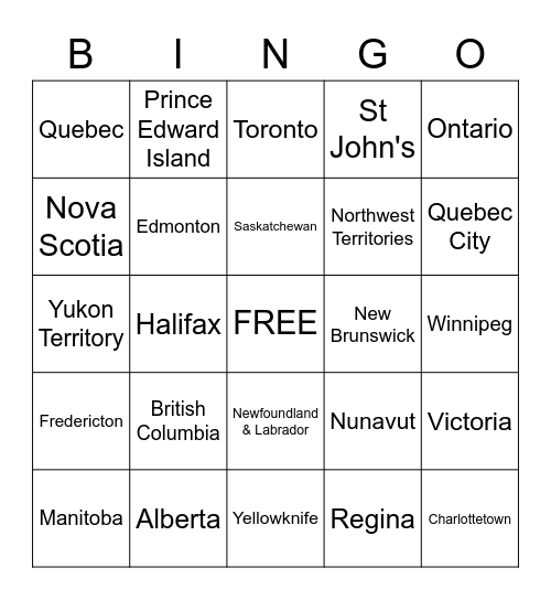 Canadian Provinces,Territories & Capitals Bingo Card
