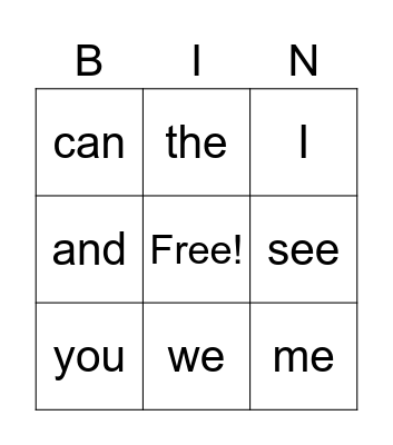 Sight Words #1, KINDERGARTEN SIGHT WORDS, I Can See Bingo Card