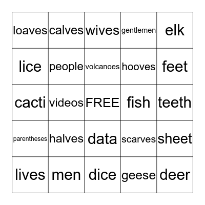 IRREGULAR PLURAL NOUNS Bingo Card