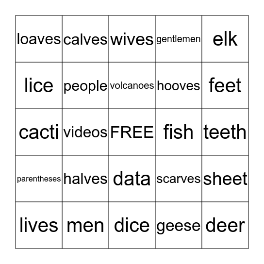 IRREGULAR PLURAL NOUNS Bingo Card