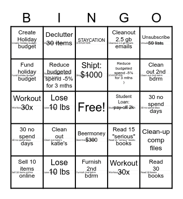 Aug - Dec 2020 Goals Bingo Card