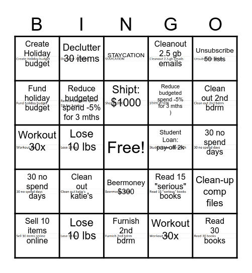 Aug - Dec 2020 Goals Bingo Card