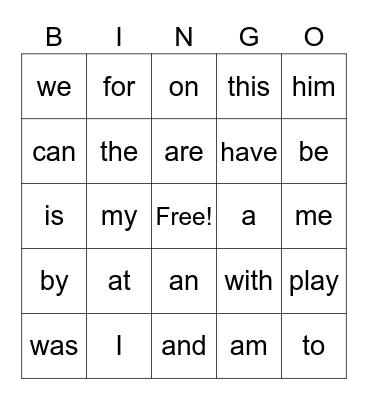Sight Words Bingo Card