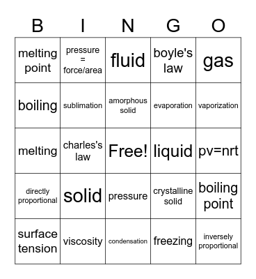 States of Matter Bingo Card
