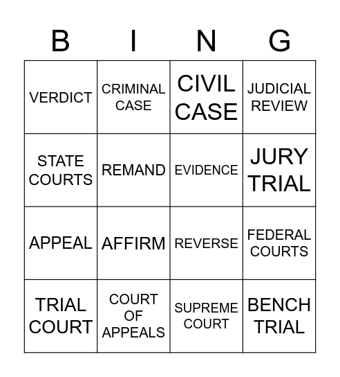 JUDICIAL BRANCH BINGO Card