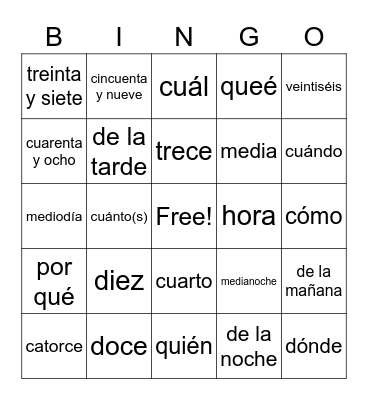 Spanish Words Bingo Card