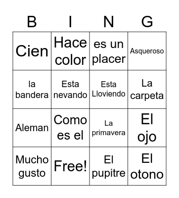 Spanish Words Bingo Card