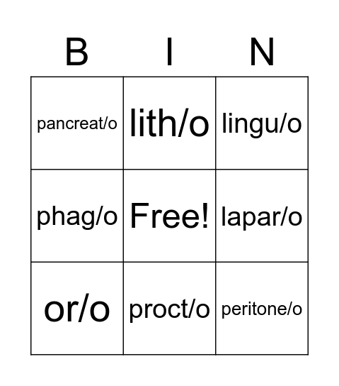 Chapter 11: Digestive System Bingo Card