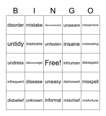 Vocabulary Bingo Card