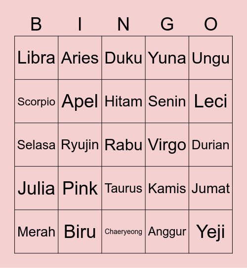 JENNIE Bingo Card