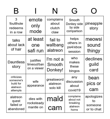 July 12th 2020 Bingo Card