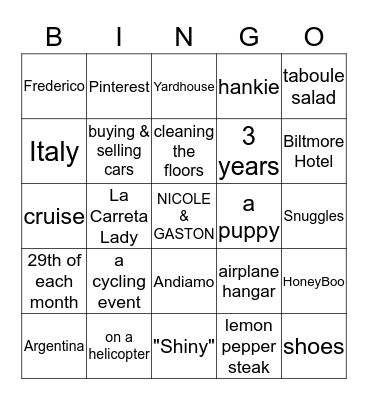Nicole's Bridal Shower Bingo Card