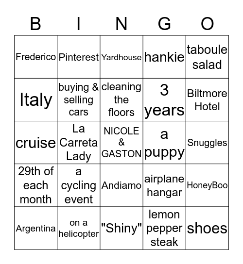 Nicole's Bridal Shower Bingo Card