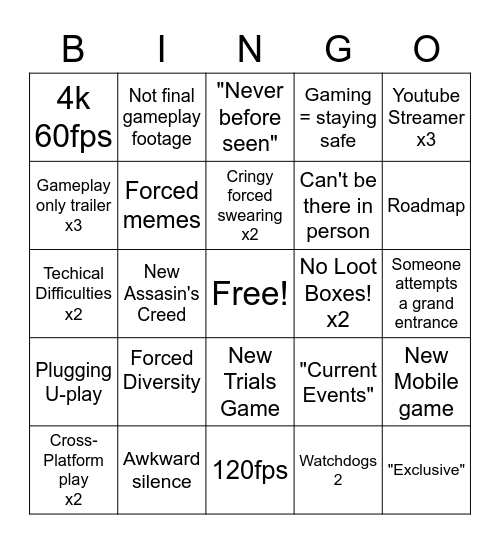 Ubisoft E3 2020 Bingo Card