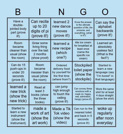 Bingo: Stay-at-home edition (with proofs!) Bingo Card