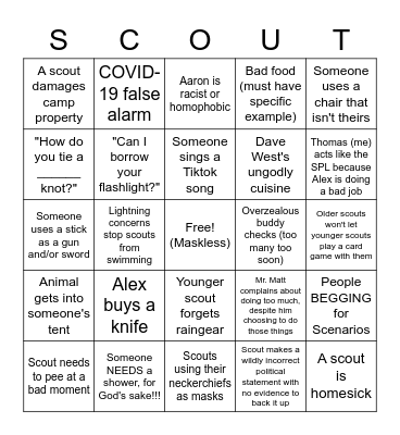 Boy Scout Camp Bingo Card