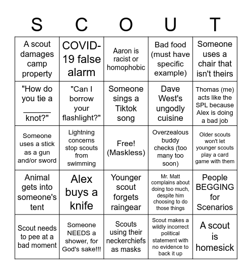Boy Scout Camp Bingo Card