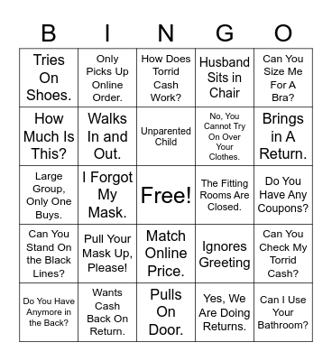 Torrid Cash/Covid-19 Bingo! Bingo Card