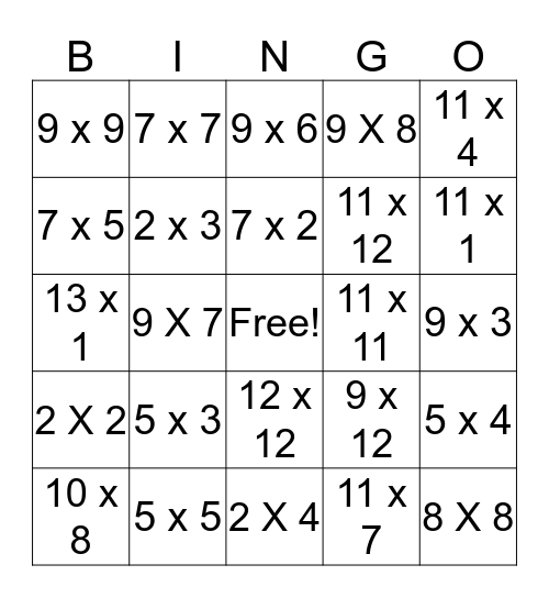 Multiplication Bingo Card
