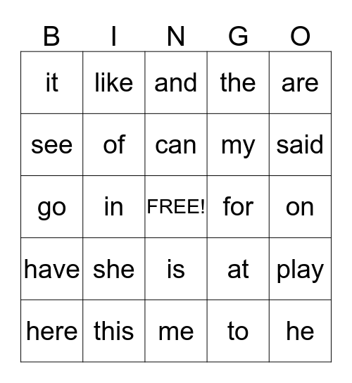 Kindergarten Sight Words Bingo Card