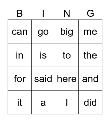 Sight Words Bingo Card