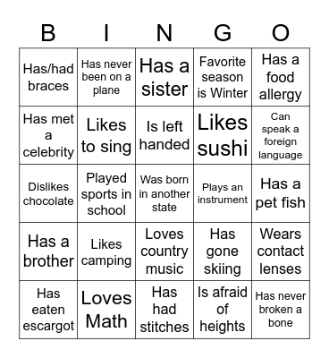 Getting to know you Bingo Card