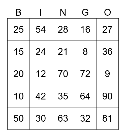 Multiplication 5 6 7 8 9 Bingo Card